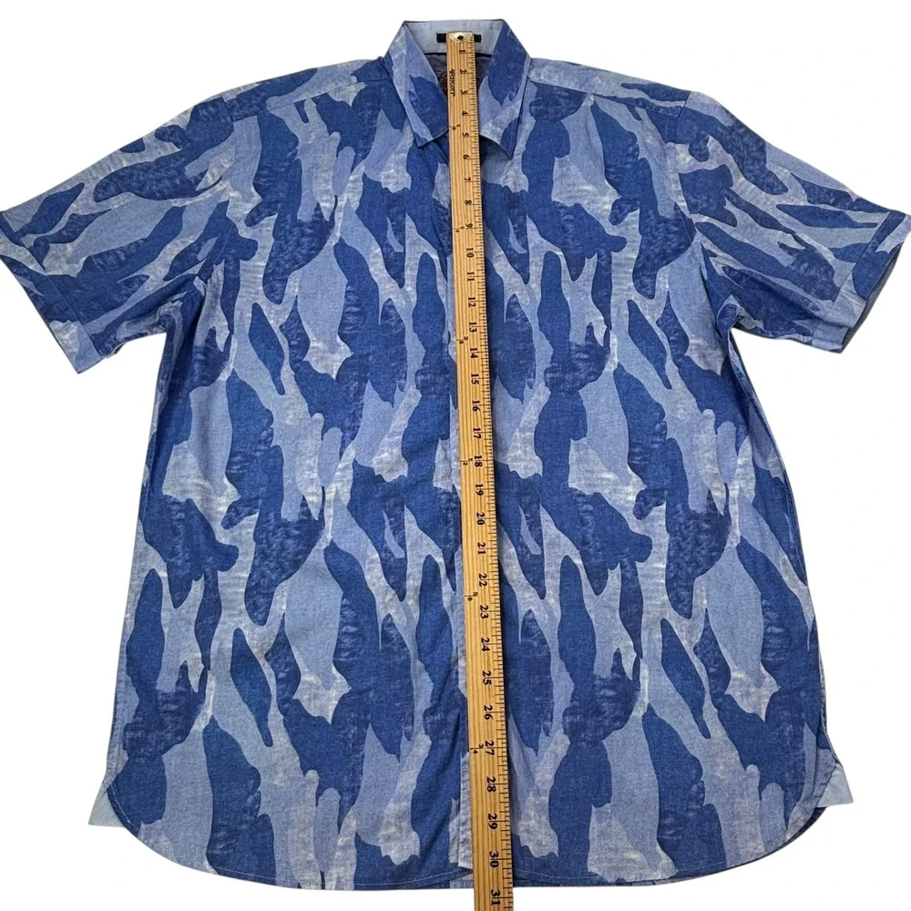 Luciano Visconti Mens‎ Shirt Large Blue Camouflage Pattern Short Sleeve - Picture 16 of 16